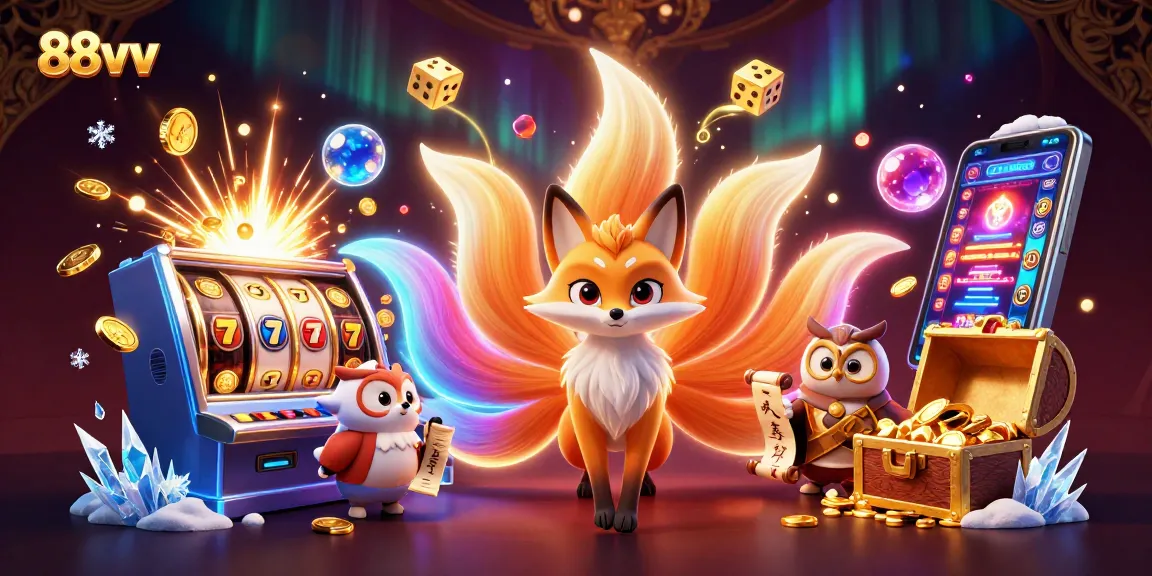 Witness the enchanting nine-tailed fox spirit and wise owl at 88vv, immersed in vibrant casino excitement.