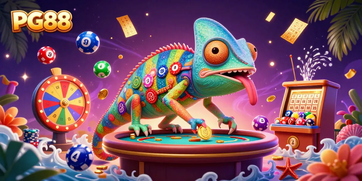 Experience PG88's vibrant casino world with golden coins, colorful lottery balls, and dynamic gaming elements.