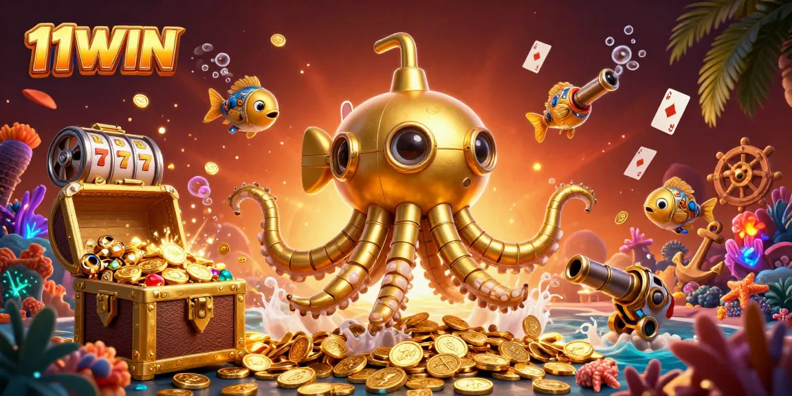 11WIN features a vibrant underwater casino scene with a golden kraken submarine and slot reels.