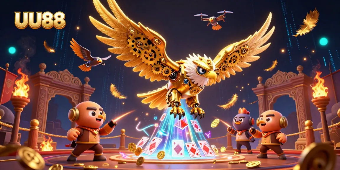 Experience thrilling gameplay at UU88 with a cybernetic eagle soaring through a vibrant casino scene.