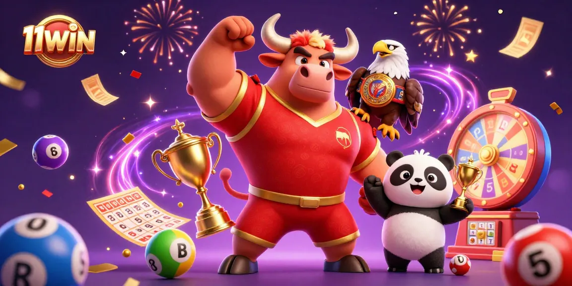 Engage with thrilling lottery action featuring 11WIN, a victory pose by fun mascot characters.