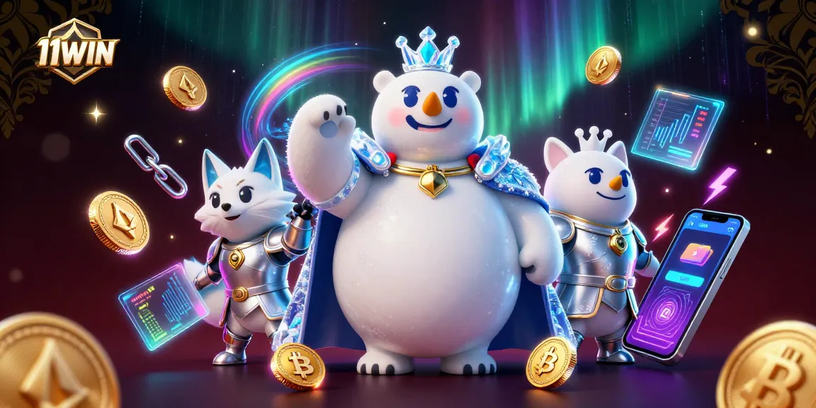 Engage with cutting-edge casino excitement at 11WIN with vibrant cartoon royal polar bear and crypto elements.