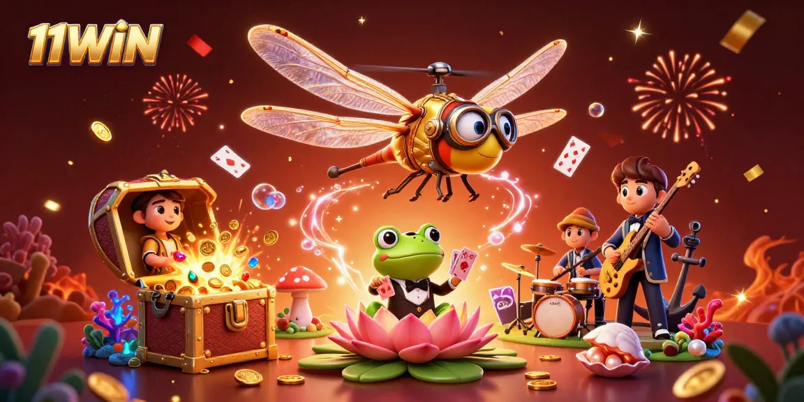 Engage with thrilling gameplay at 11WIN's vibrant lily pad casino, featuring dynamic characters.