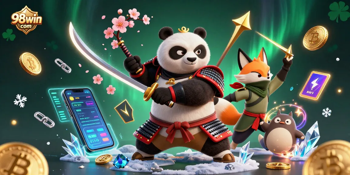 Experience thrilling gameplay at 98win com with vibrant characters amidst glowing crypto coins.