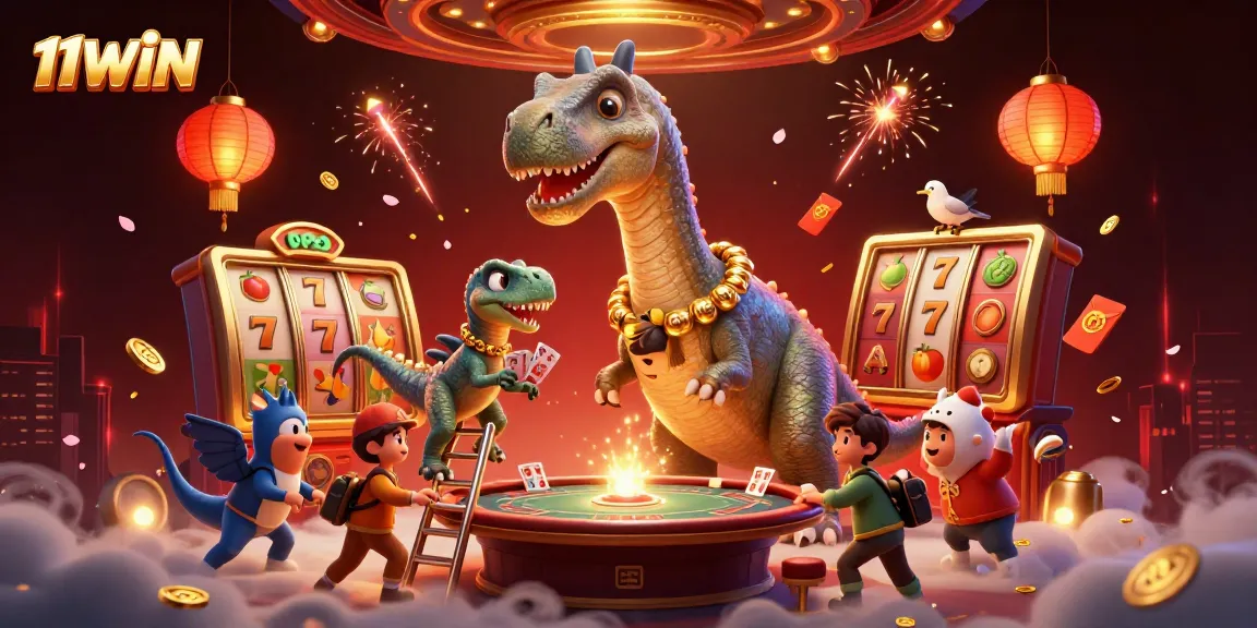 Engage in thrilling play at 11WIN, where a giant brontosaurus oversees a vibrant casino scene.