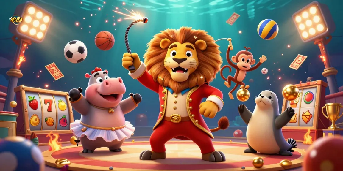 Experience thrilling gaming with ee88 through a vibrant circus-themed casino illustration featuring lively characters, slot elements, and sports action.