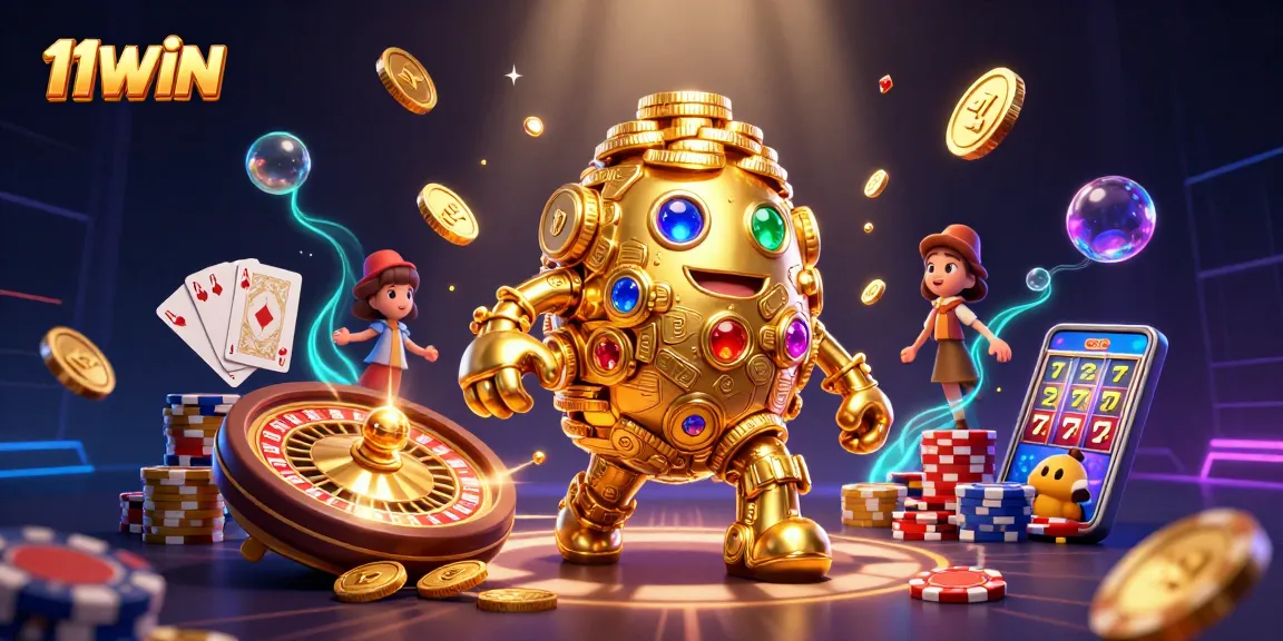 Experience thrilling gaming moments with 11WIN's vibrant casino scene of 3D characters and symbols.