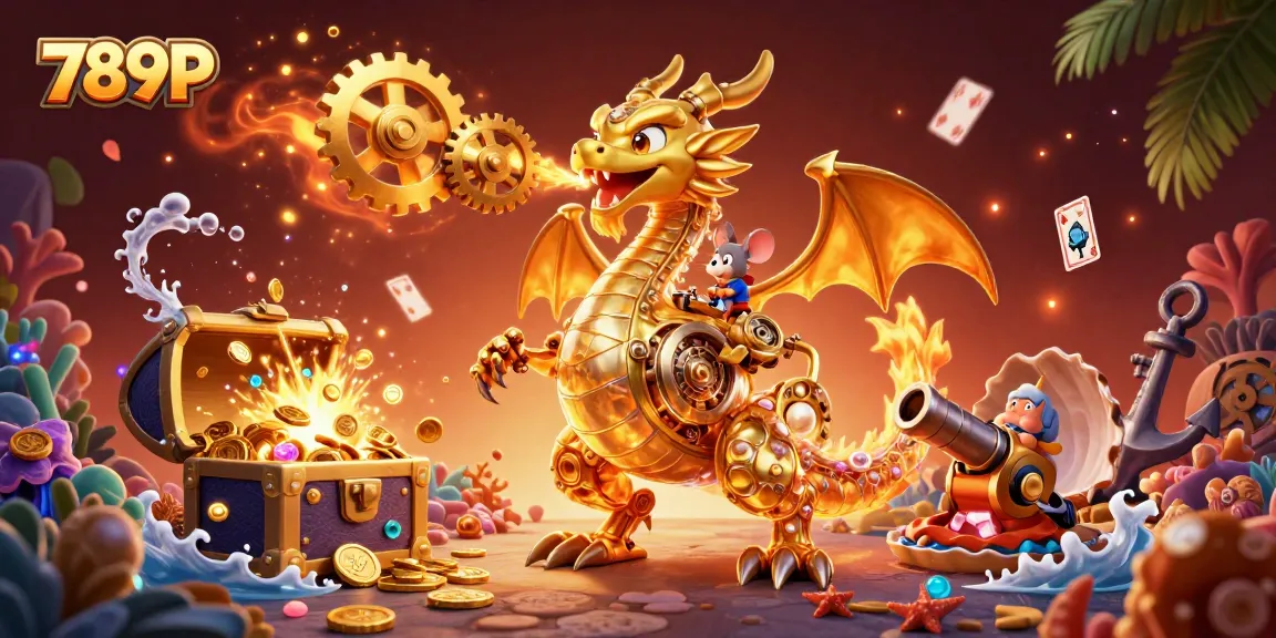 Engage with thrilling 789P gameplay featuring a golden dragon amidst treasure and casino elements for excitement.