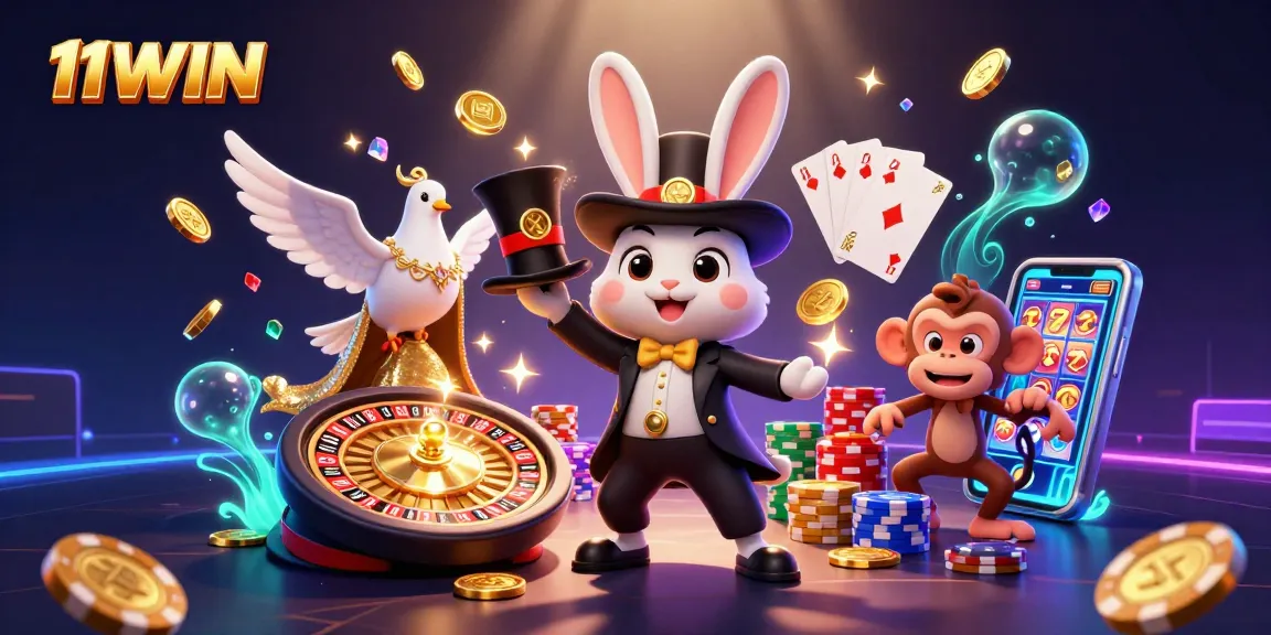 11WIN showcases a vibrant 3D scene with a magician rabbit pulling coins and a dove, perfect for online gaming.