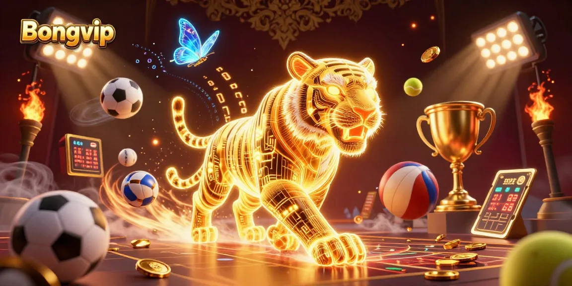 Bongvip features a golden tiger in a vibrant digital casino, showcasing adrenaline-packed betting action.